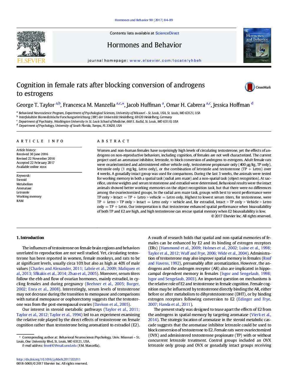 Cognition in female rats after blocking conversion of androgens to estrogens