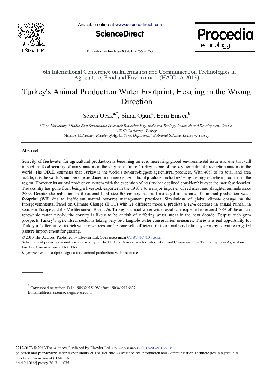 Turkey's Animal Production Water Footprint; Heading in the Wrong Direction 