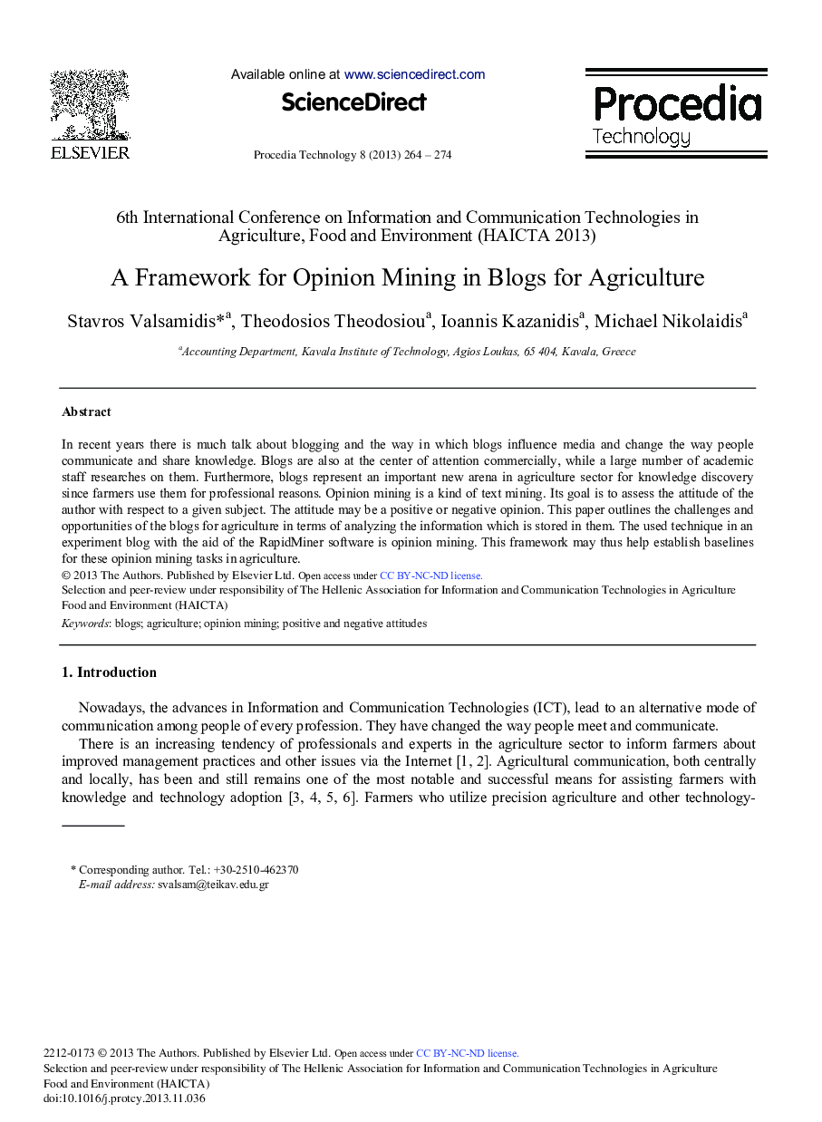A Framework for Opinion Mining in Blogs for Agriculture 