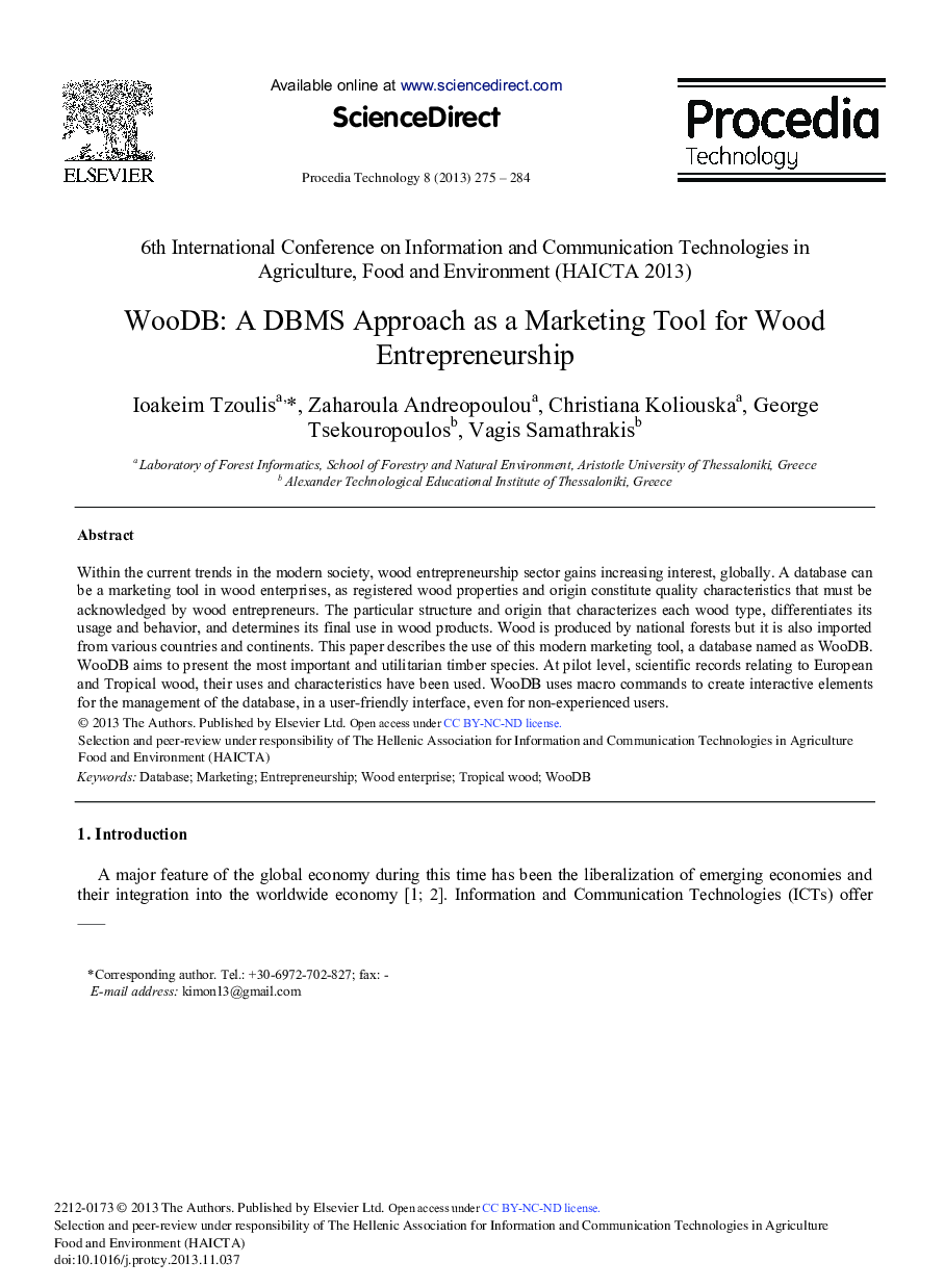 WooDB: A DBMS Approach as a Marketing Tool for Wood Entrepreneurship 