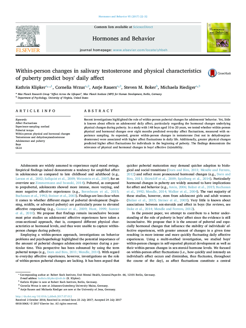 Within-person changes in salivary testosterone and physical characteristics of puberty predict boys' daily affect