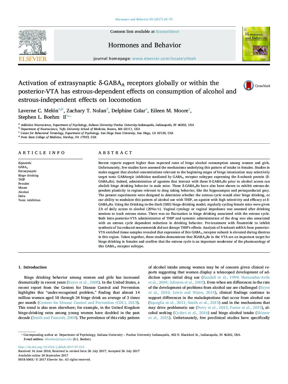 Activation of extrasynaptic Î´-GABAA receptors globally or within the posterior-VTA has estrous-dependent effects on consumption of alcohol and estrous-independent effects on locomotion