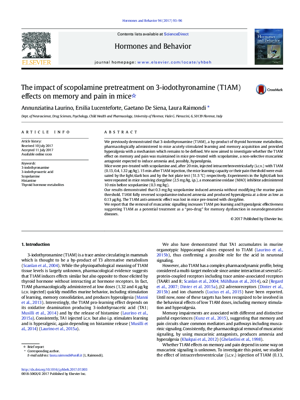 The impact of scopolamine pretreatment on 3-iodothyronamine (T1AM) effects on memory and pain in mice