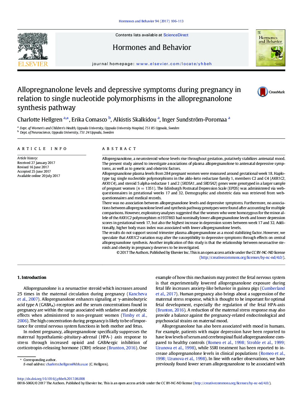 Allopregnanolone levels and depressive symptoms during pregnancy in relation to single nucleotide polymorphisms in the allopregnanolone synthesis pathway