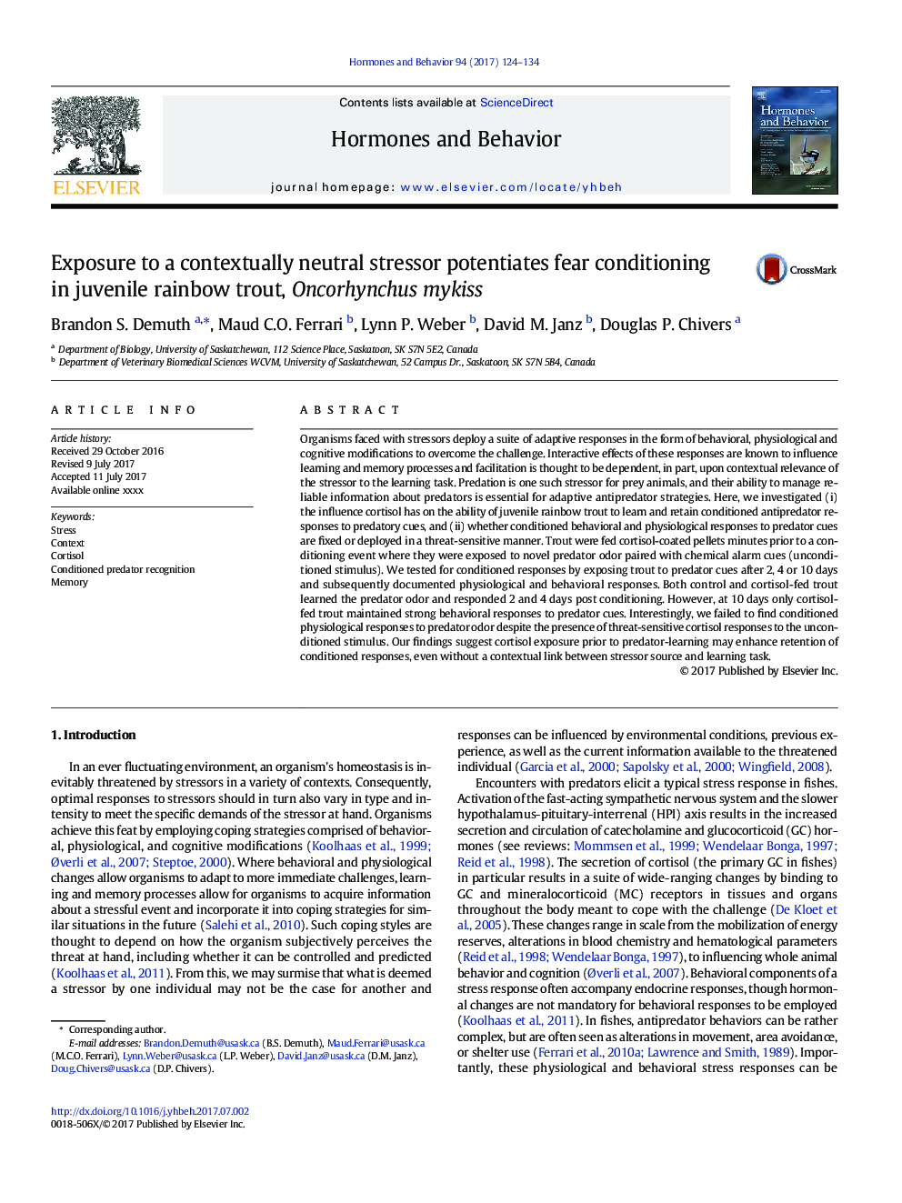 Exposure to a contextually neutral stressor potentiates fear conditioning in juvenile rainbow trout, Oncorhynchus mykiss