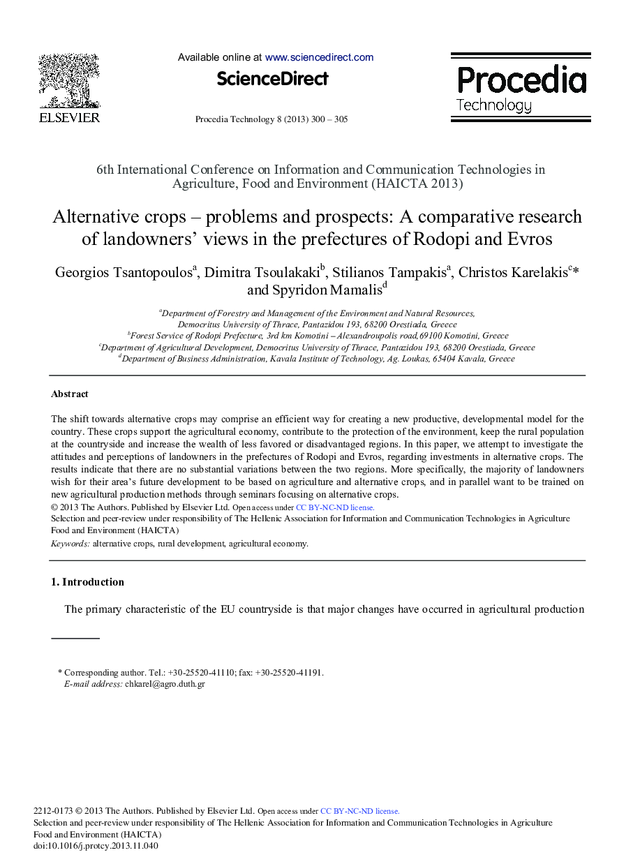 Alternative Crops – Problems and Prospects: A Comparative Research of Landowners’ Views in the Prefectures of Rodopi and Evros 