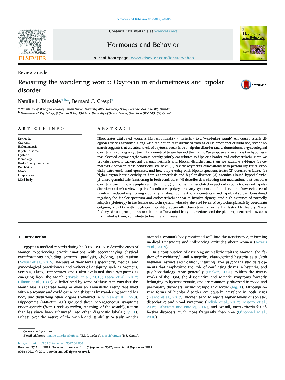 Revisiting the wandering womb: Oxytocin in endometriosis and bipolar disorder