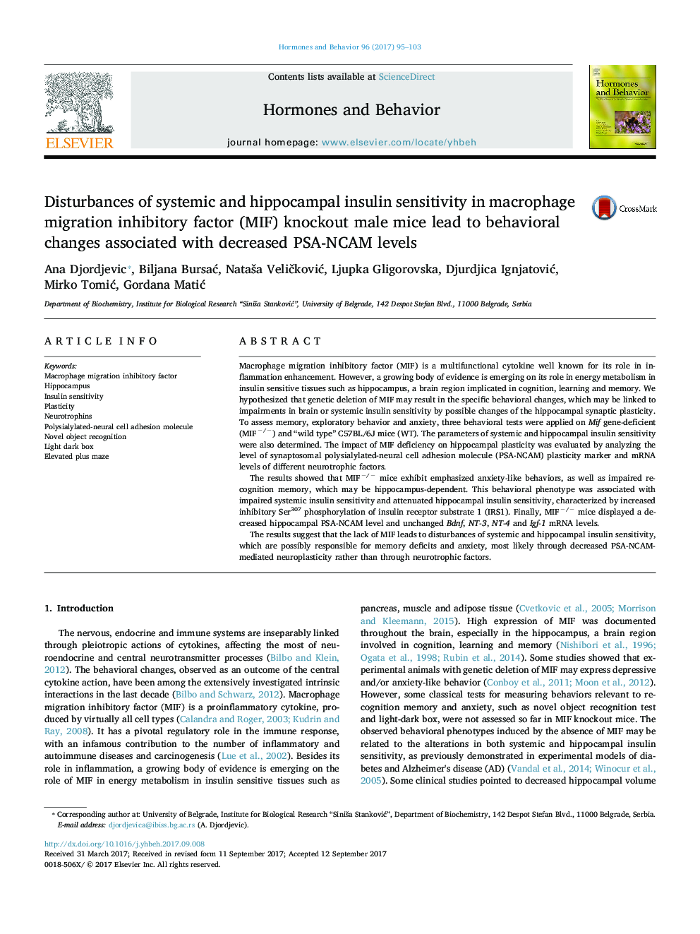 Disturbances of systemic and hippocampal insulin sensitivity in macrophage migration inhibitory factor (MIF) knockout male mice lead to behavioral changes associated with decreased PSA-NCAM levels