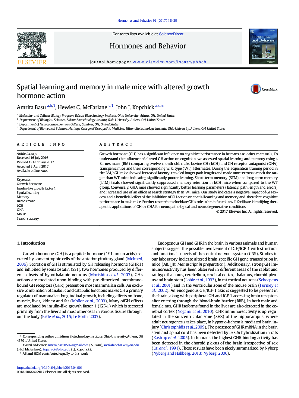 Spatial learning and memory in male mice with altered growth hormone action