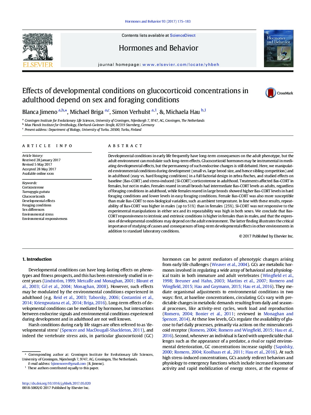 Effects of developmental conditions on glucocorticoid concentrations in adulthood depend on sex and foraging conditions