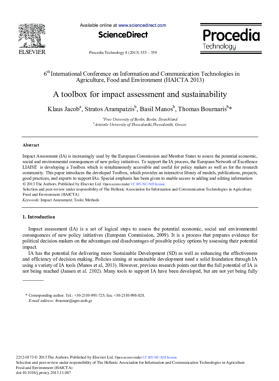 A Toolbox for Impact Assessment and Sustainability 