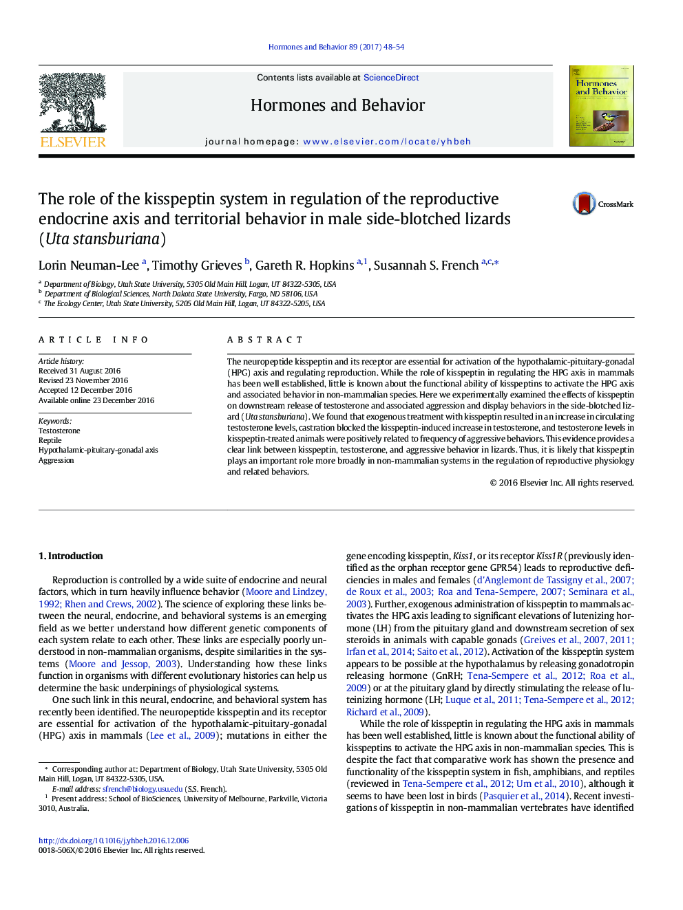 The role of the kisspeptin system in regulation of the reproductive endocrine axis and territorial behavior in male side-blotched lizards (Uta stansburiana)