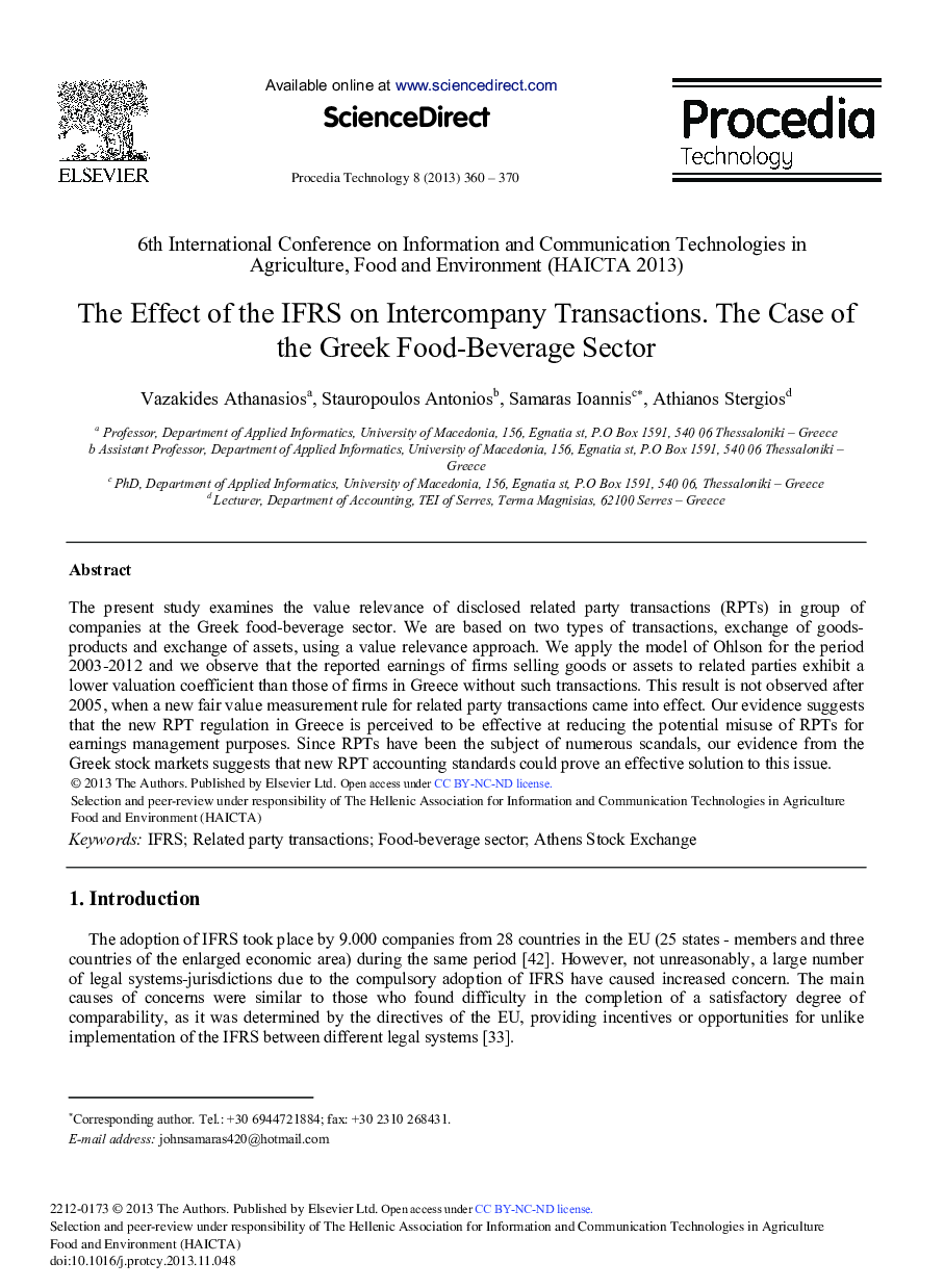 The Effect of the IFRS on Intercompany Transactions. The Case of the Greek Food-beverage Sector 