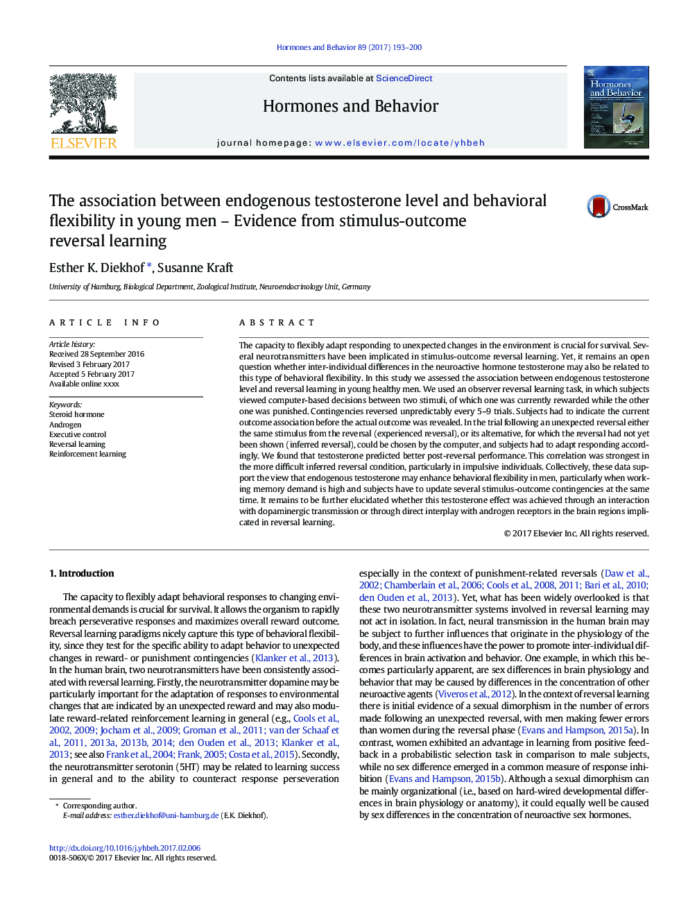 ارتباط بین سطح تستوسترون درونی و انعطاف پذیری رفتاری در مردان جوان - شواهد حاصل از یادگیری معکوس و نتیجه معکوس 