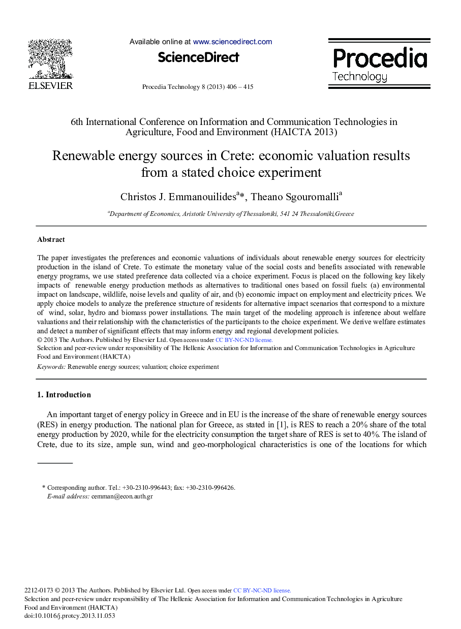 Renewable Energy Sources in Crete: Economic Valuation Results from a Stated Choice Experiment 