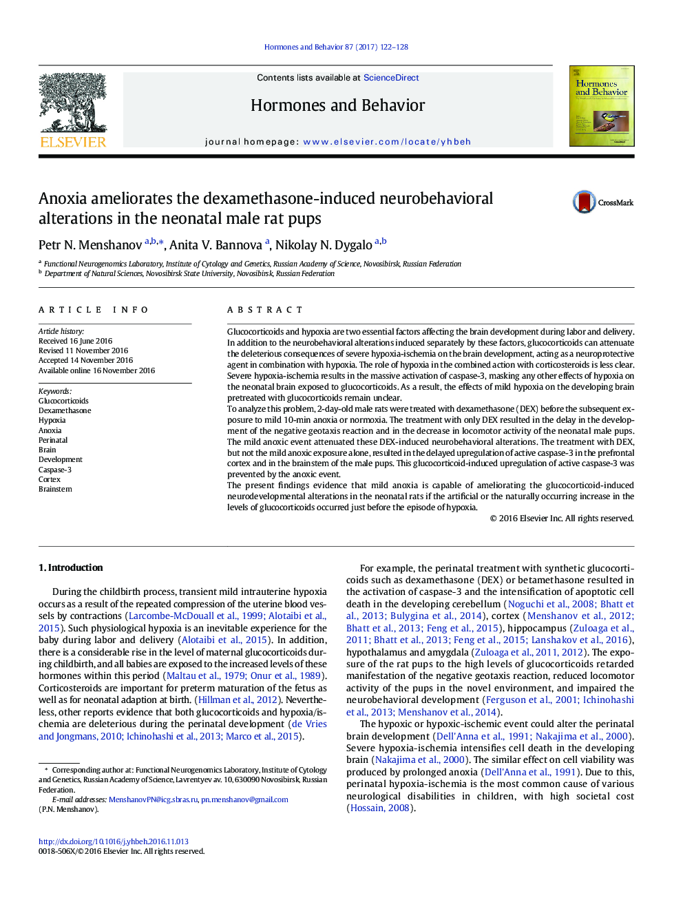 Anoxia ameliorates the dexamethasone-induced neurobehavioral alterations in the neonatal male rat pups