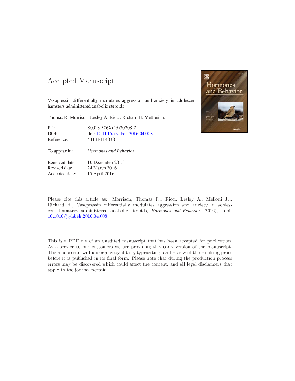 Vasopressin differentially modulates aggression and anxiety in adolescent hamsters administered anabolic steroids