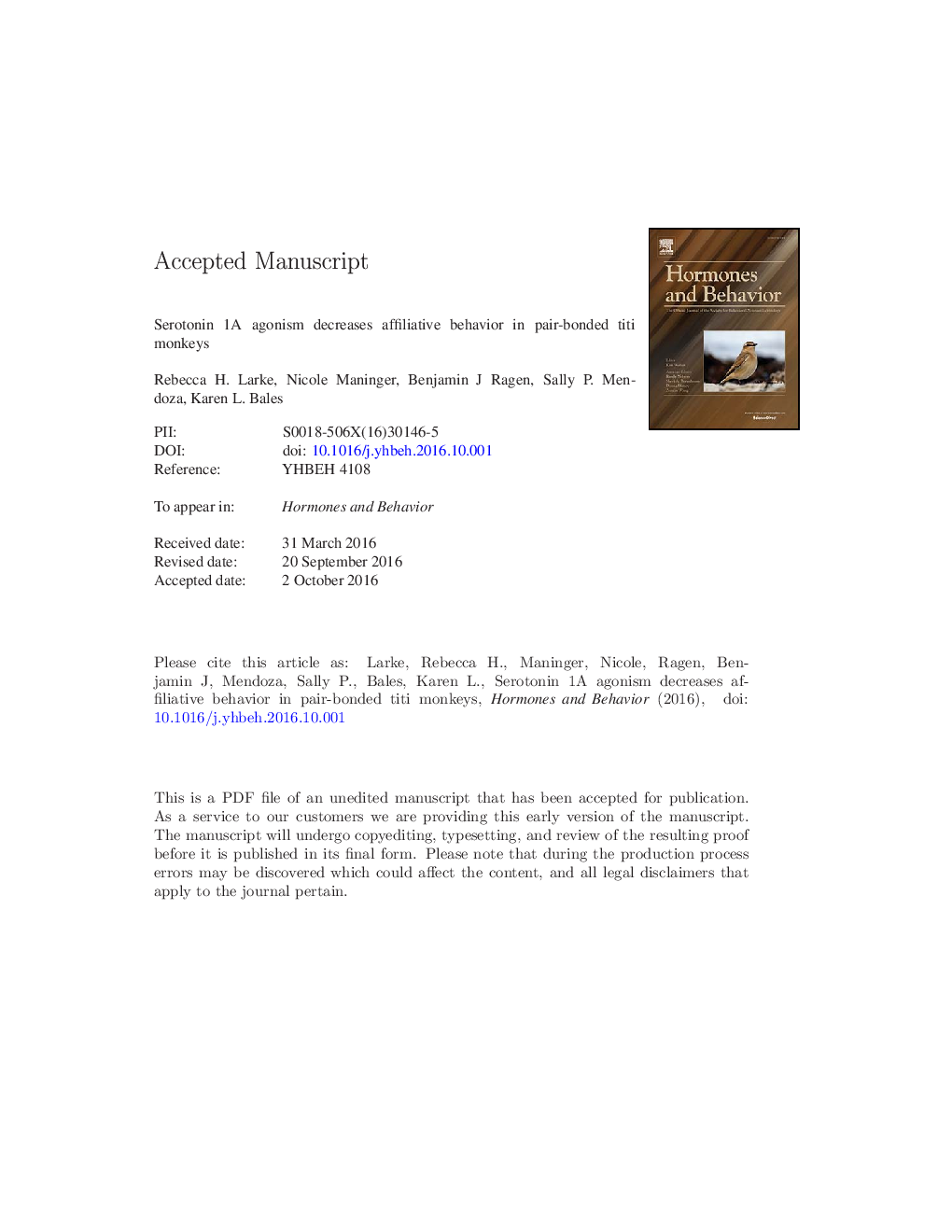 Serotonin 1A agonism decreases affiliative behavior in pair-bonded titi monkeys