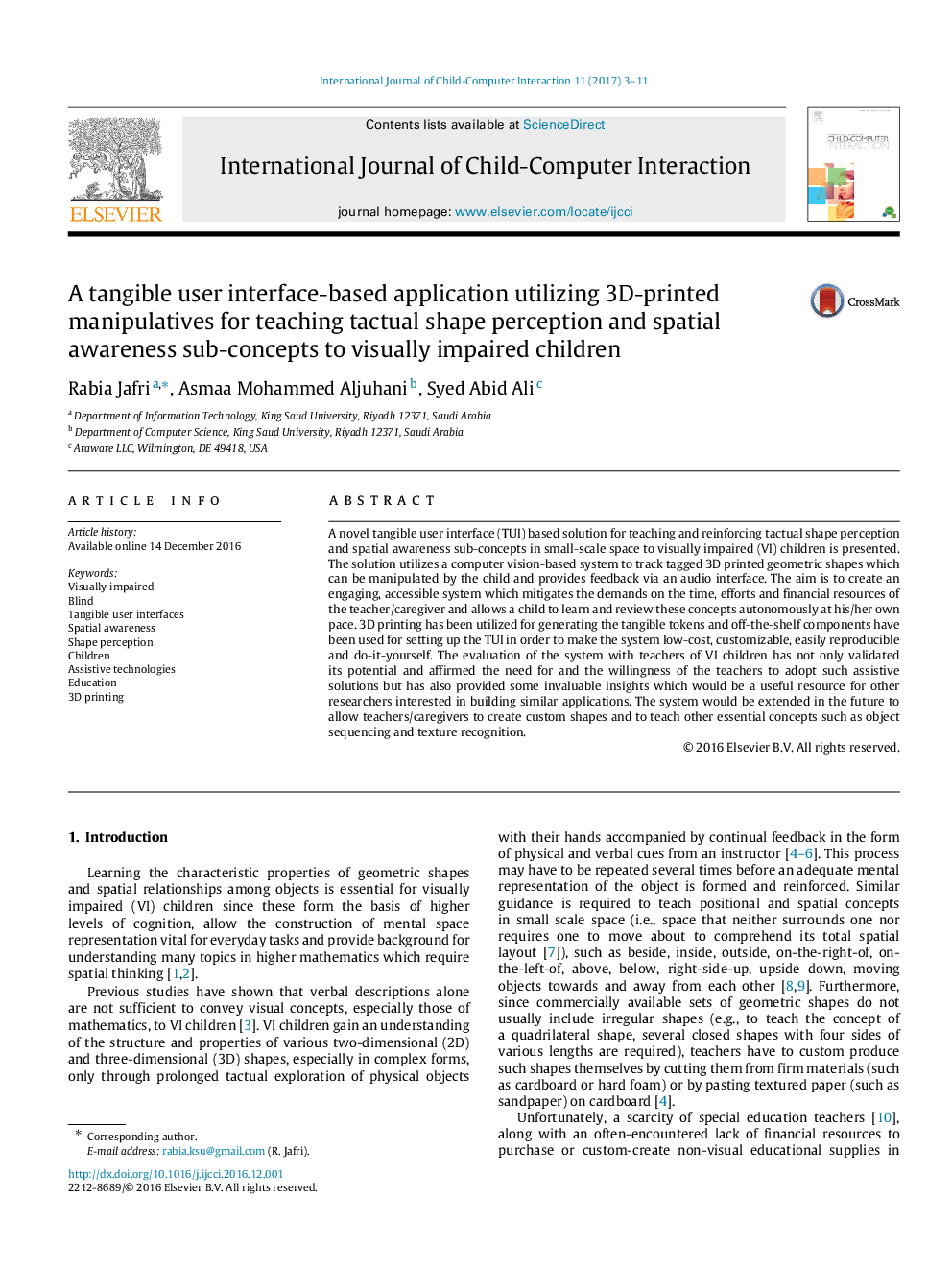 A tangible user interface-based application utilizing 3D-printed manipulatives for teaching tactual shape perception and spatial awareness sub-concepts to visually impaired children