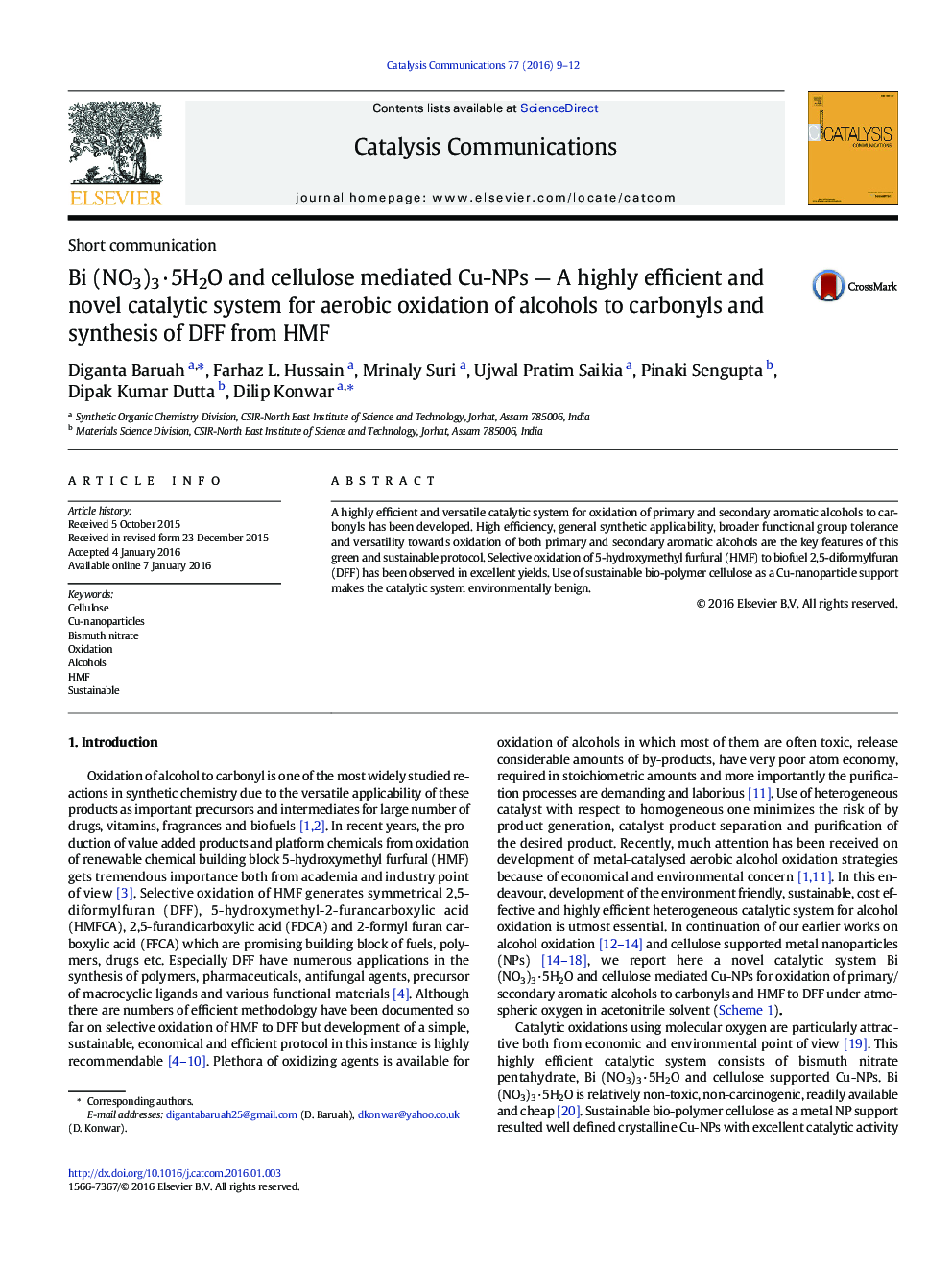 Bi (NO3) 3 · 5H2O و سلولز واسطه Cu-NPs - یک سیستم کاتالیزوری بسیار کارآمد و جدید برای اکسیداسیون هوازی از الکل ها به کربنیل ها و سنتز DFF از HMF