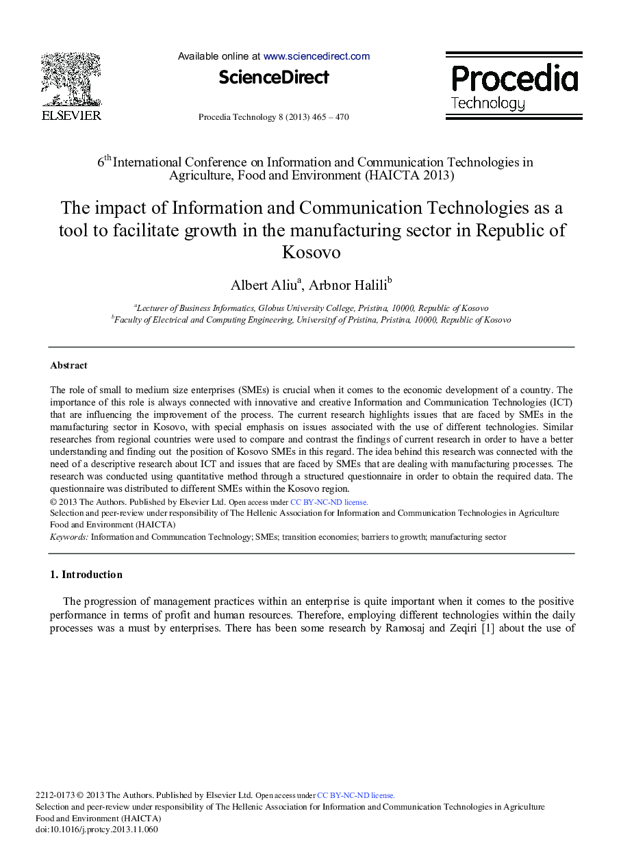 The Impact of Information and Communication Technologies as a Tool to Facilitate Growth in the Manufacturing Sector in Republic of Kosovo 