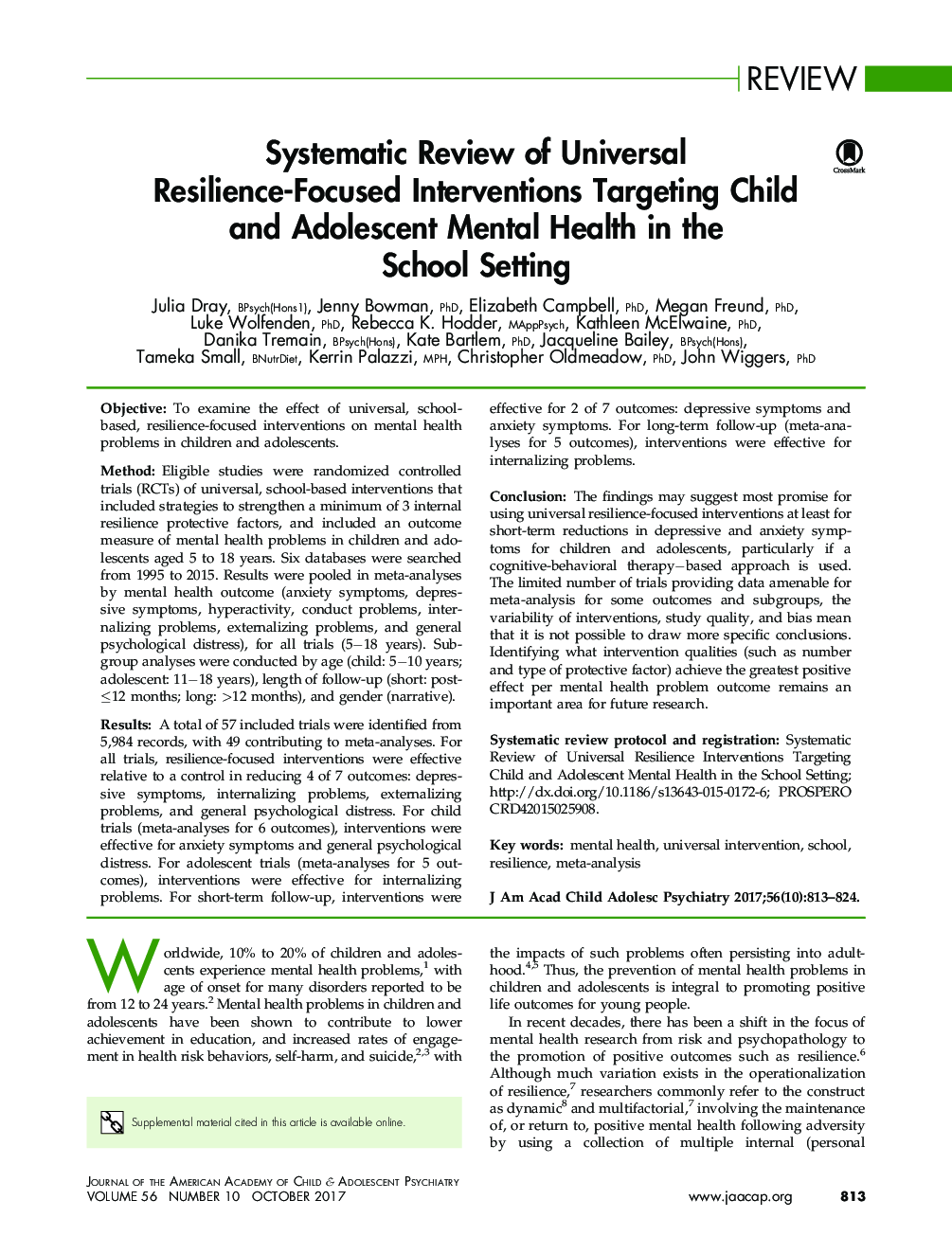 Systematic Review of Universal Resilience-Focused Interventions Targeting Child and Adolescent Mental Health in the School Setting