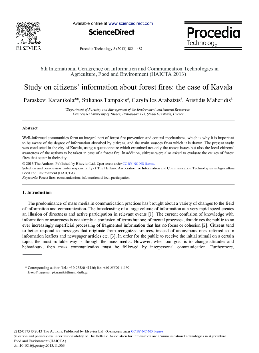 Study on Citizens’ Information about Forest Fires: The Case of Kavala 