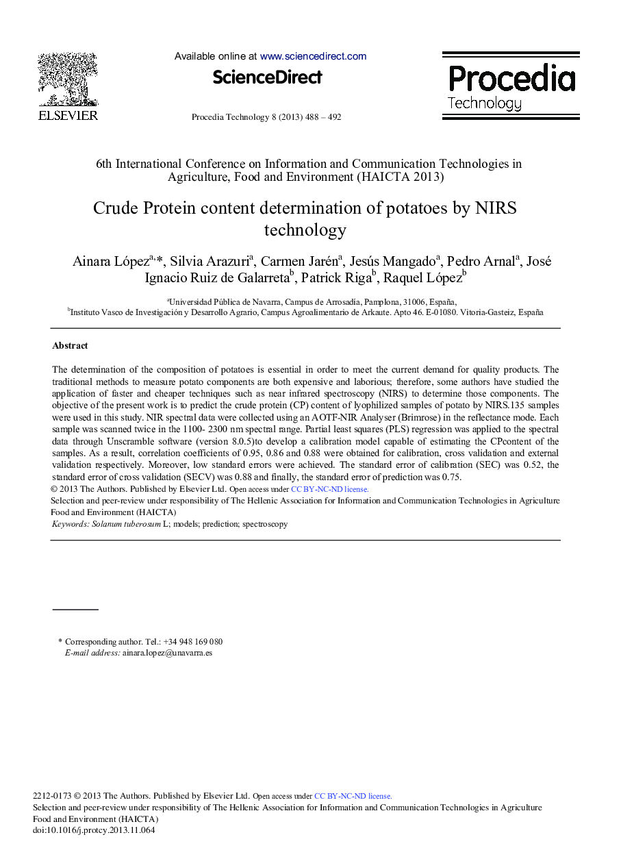 Crude Protein Content Determination of Potatoes by NIRS Technology 