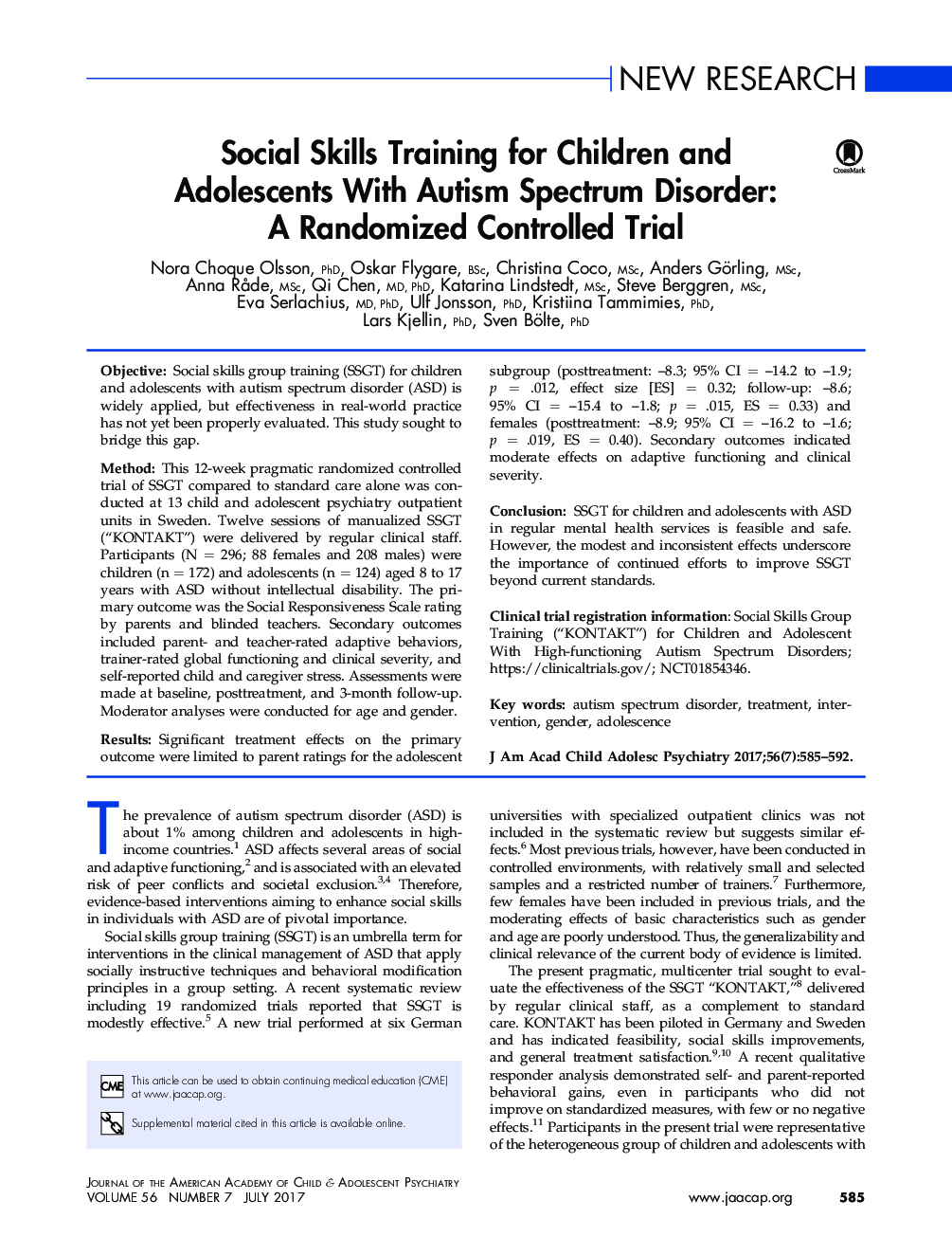 Social Skills Training for Children and Adolescents With Autism Spectrum Disorder: A Randomized Controlled Trial