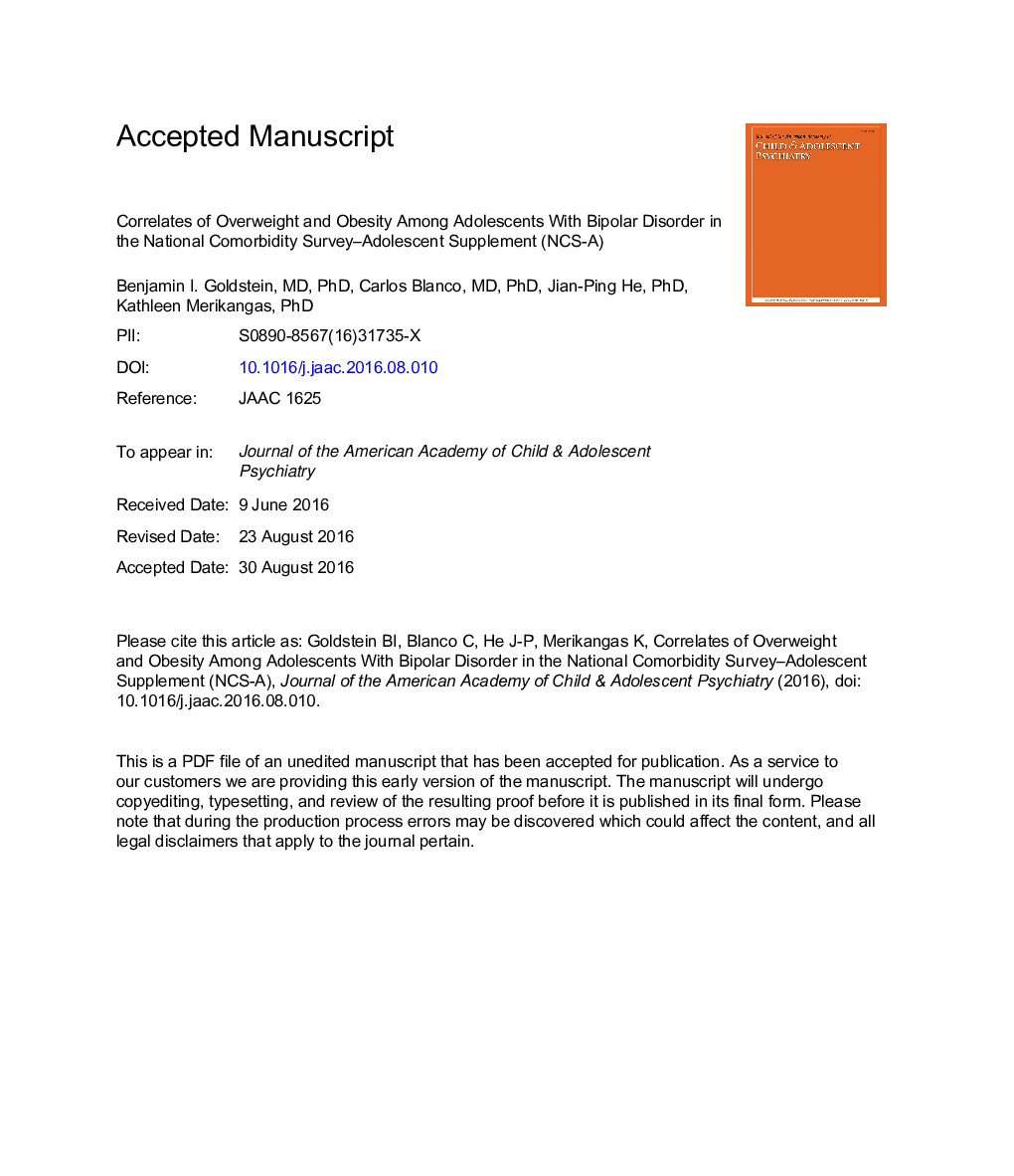 Correlates of Overweight and Obesity Among Adolescents With Bipolar Disorder in the National Comorbidity Survey-Adolescent Supplement (NCS-A)