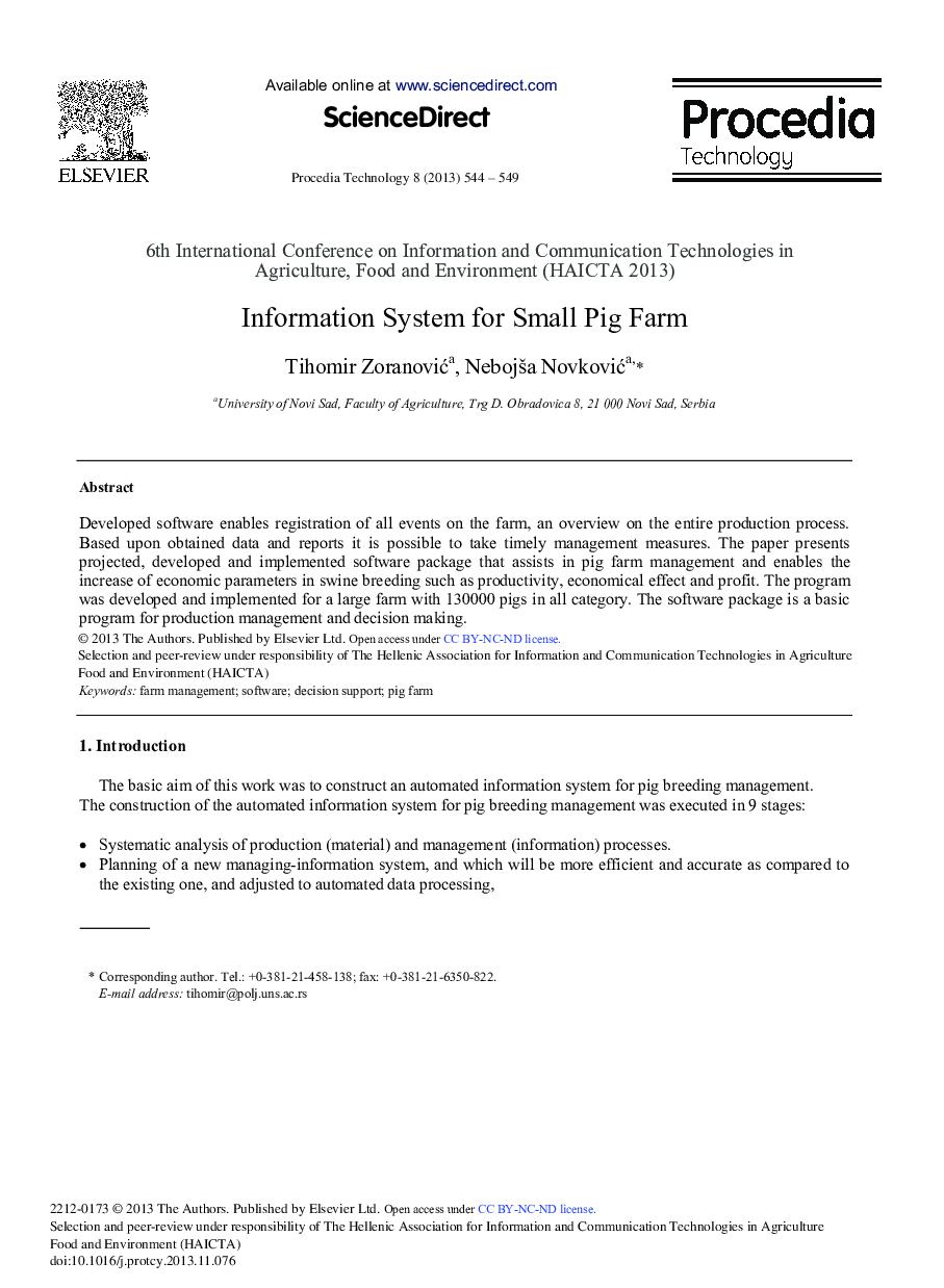 Information System for Small Pig Farm 
