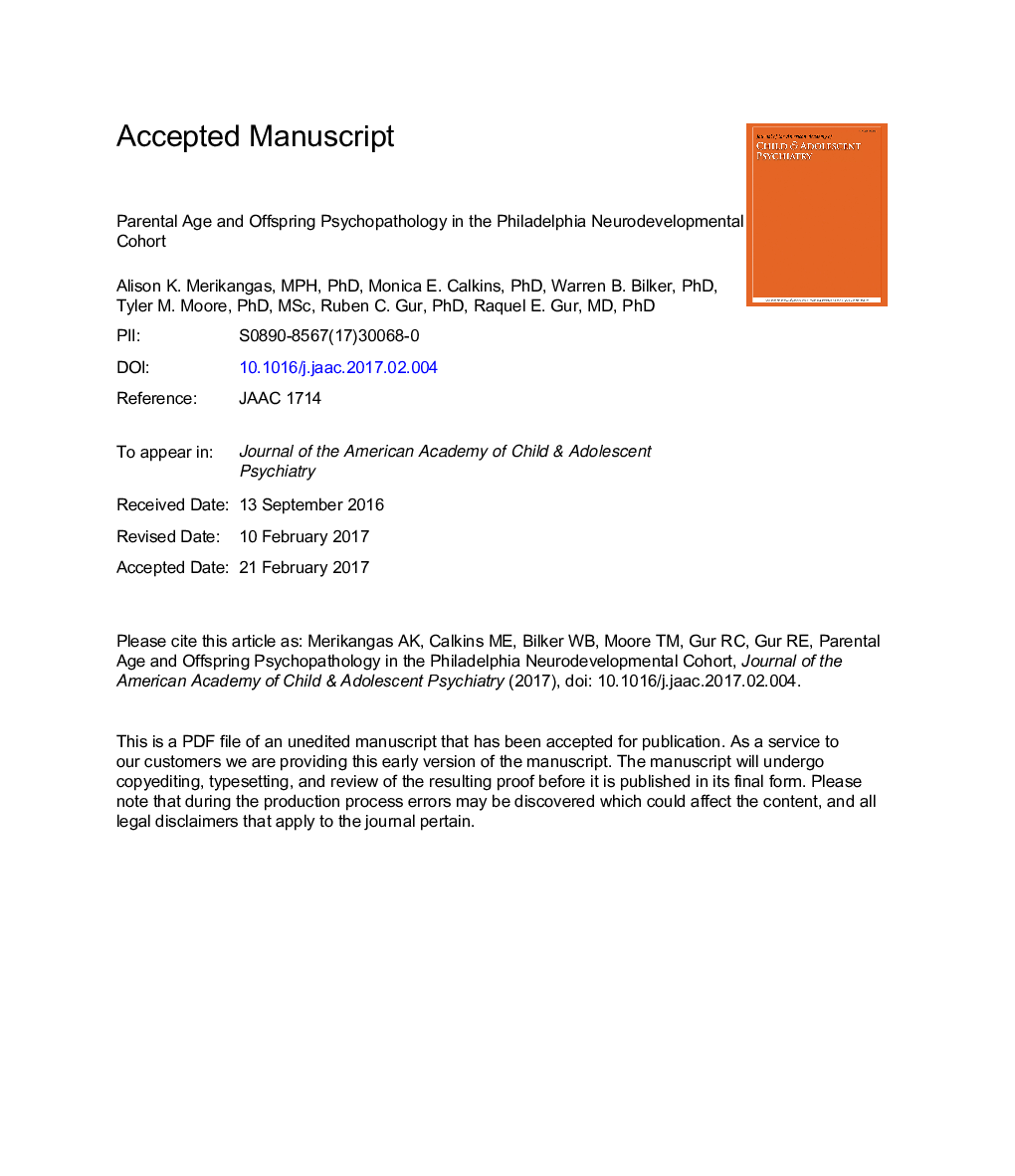 Parental Age and Offspring Psychopathology in the Philadelphia Neurodevelopmental Cohort