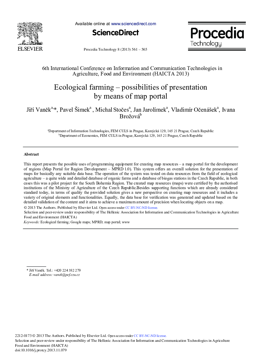 Ecological Farming – Possibilities of Presentation by Means of Map Portal 