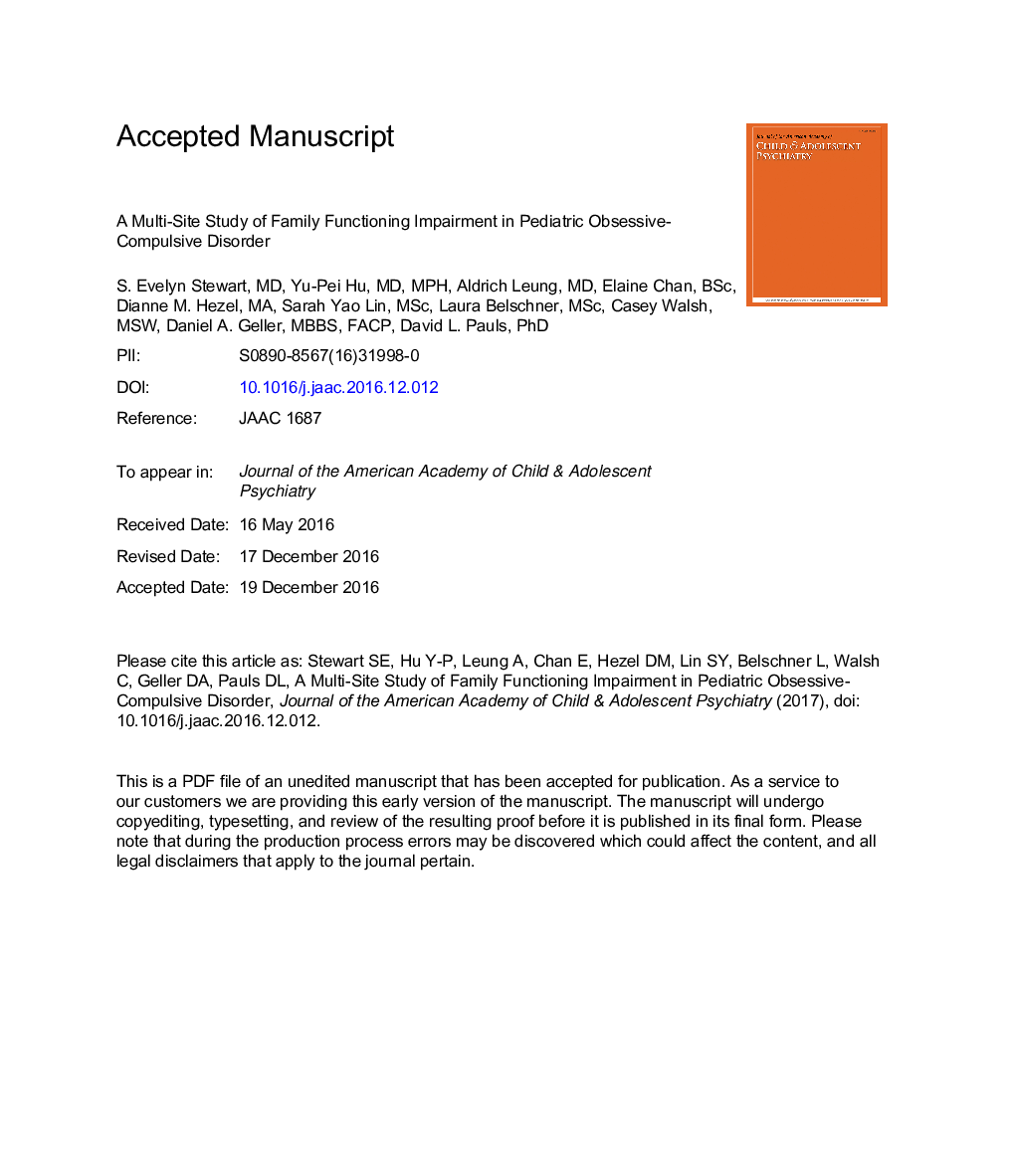 A Multisite Study of Family FunctioningÂ Impairment in Pediatric Obsessive-Compulsive Disorder