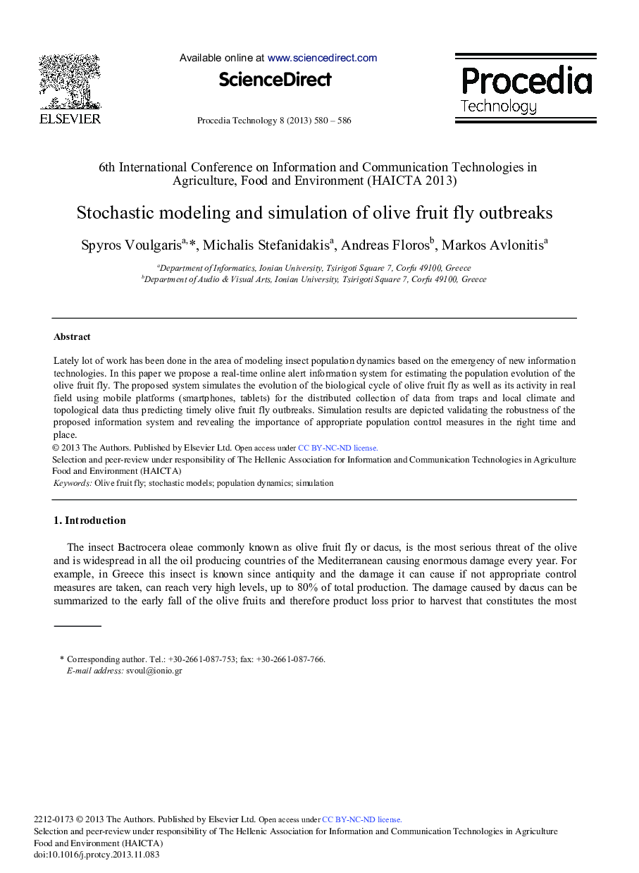 Stochastic Modeling and Simulation of Olive Fruit Fly Outbreaks 