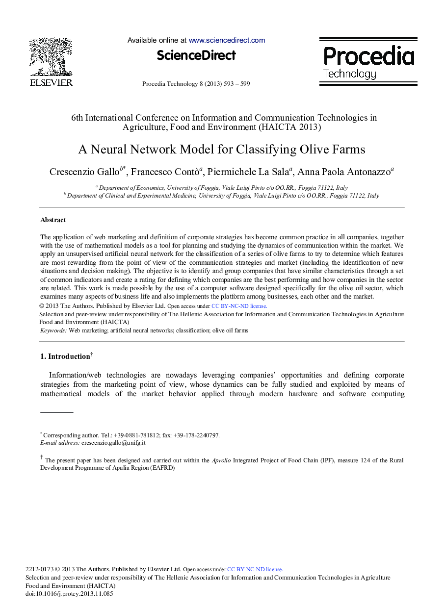 A Neural Network Model for Classifying Olive Farms 