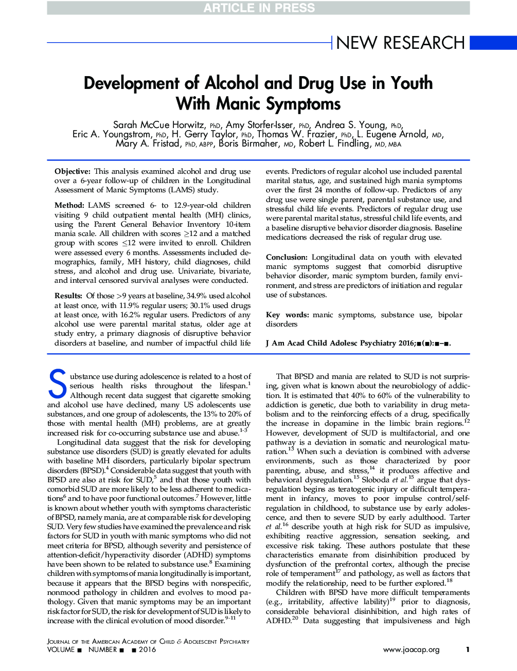 Development of Alcohol and Drug Use in Youth With Manic Symptoms