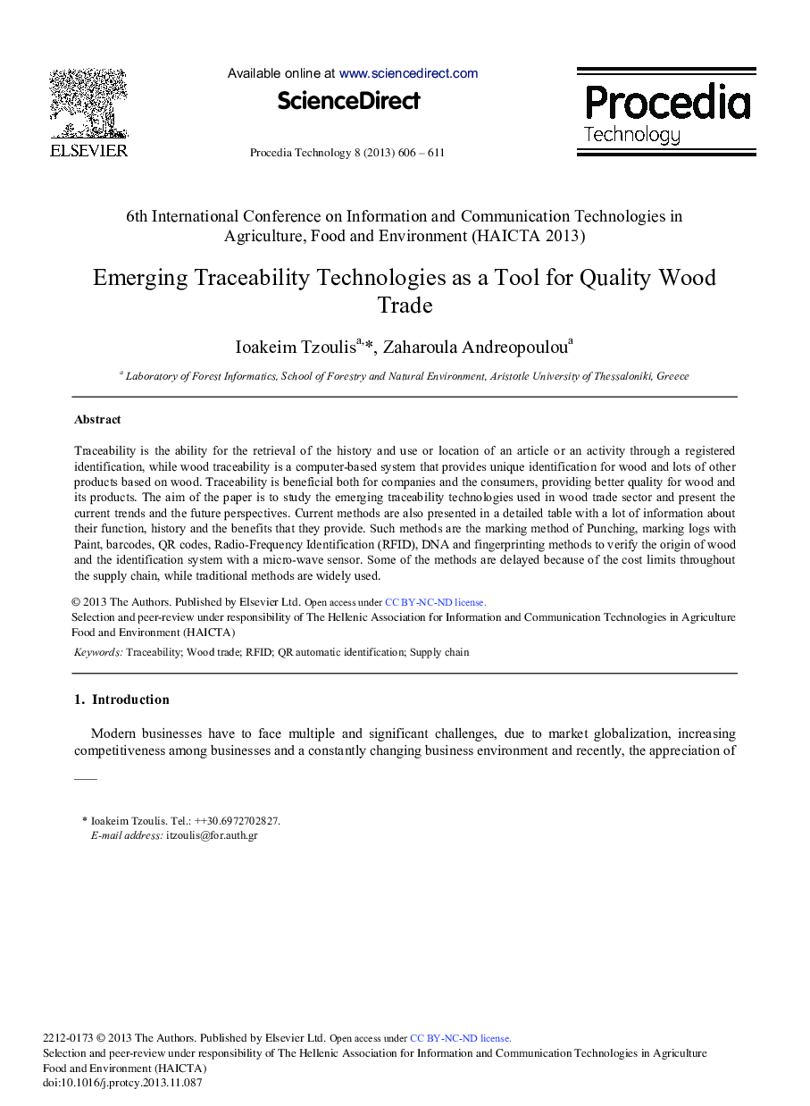 Emerging Traceability Technologies as a Tool for Quality Wood Trade 