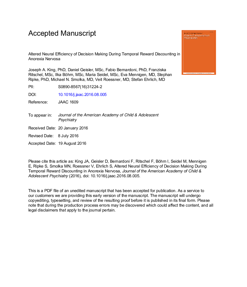 Altered Neural Efficiency of Decision Making During Temporal Reward Discounting in Anorexia Nervosa