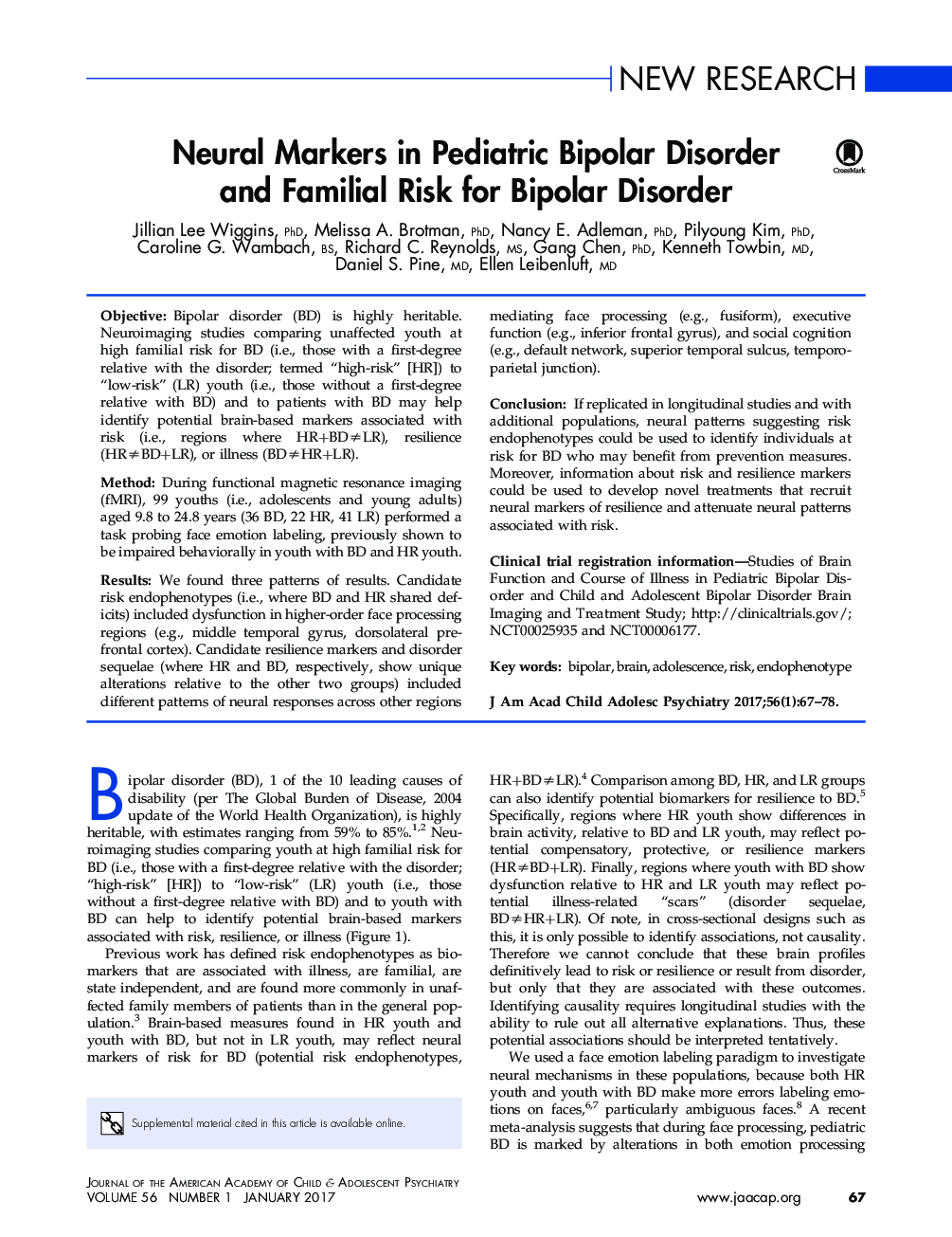 New researchNeural Markers in Pediatric Bipolar Disorder and Familial Risk for Bipolar Disorder