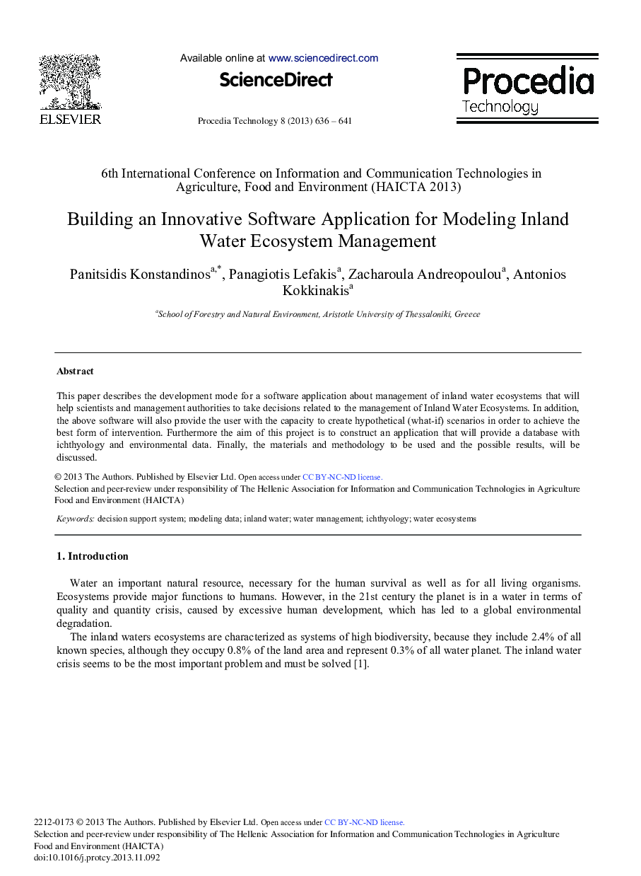 Building an Innovative Software Application for Modeling Inland Water Ecosystem Management 