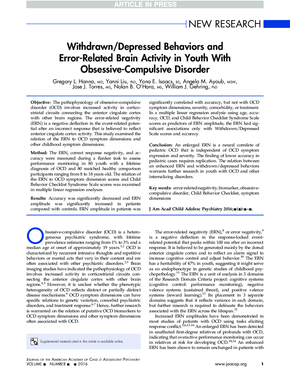 Withdrawn/Depressed Behaviors and Error-Related Brain Activity in Youth With Obsessive-Compulsive Disorder