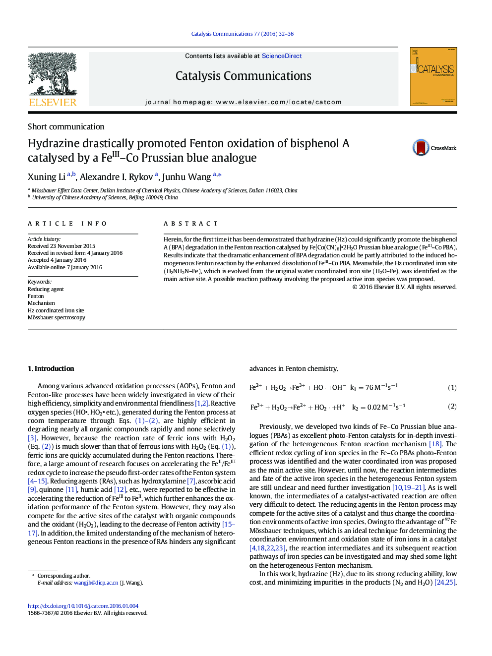 Hydrazine drastically promoted Fenton oxidation of bisphenol A catalysed by a FeIII–Co Prussian blue analogue