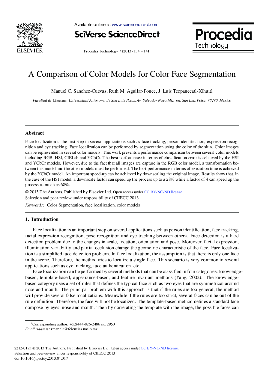 A Comparison of Color Models for Color Face Segmentation 