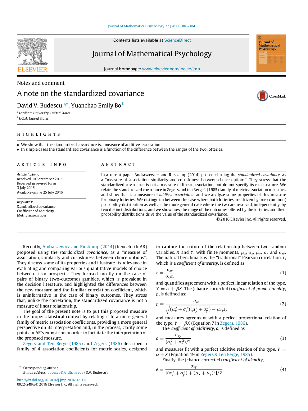 Notes and commentA note on the standardized covariance