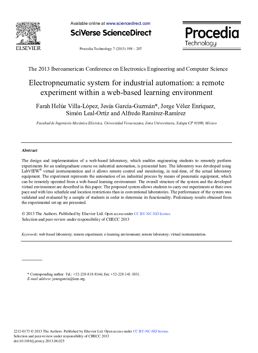 Electropneumatic System for Industrial Automation: A Remote Experiment within a Web-Based Learning Environment 