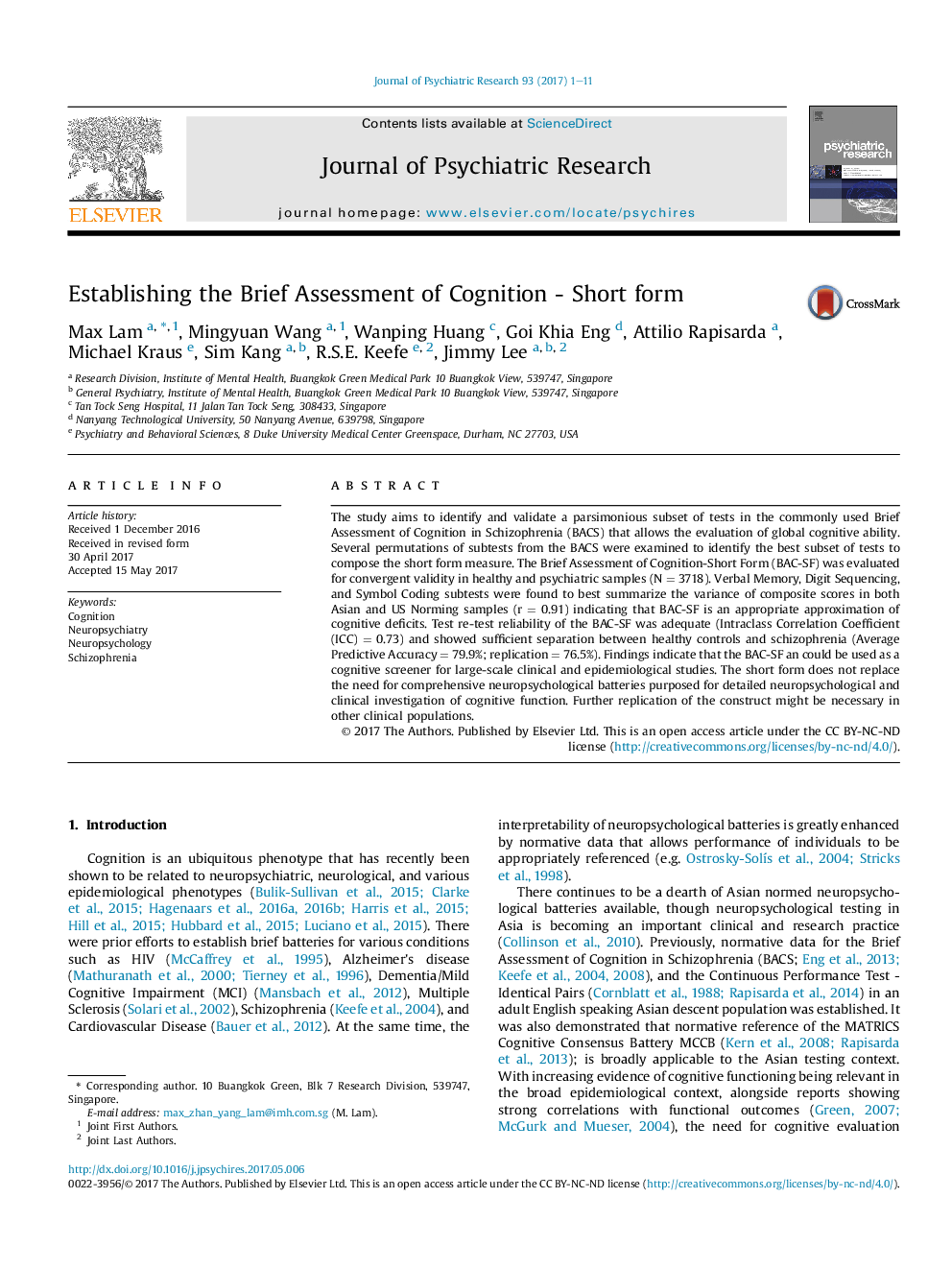 Establishing the Brief Assessment of Cognition - Short form