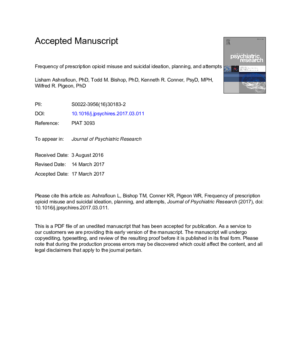 Frequency of prescription opioid misuse and suicidal ideation, planning, and attempts