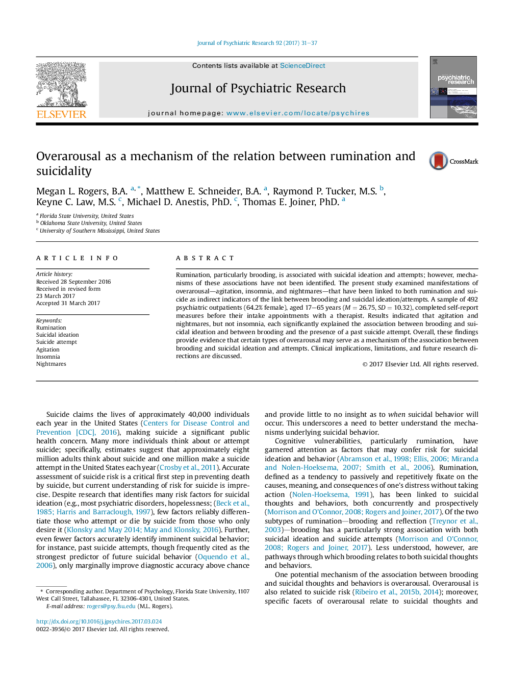 Overarousal as a mechanism of the relation between rumination and suicidality