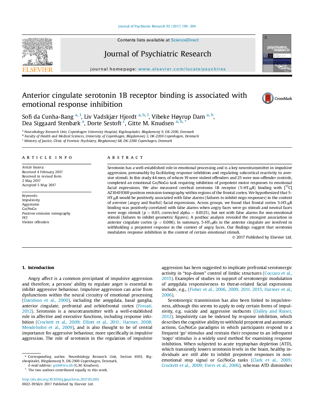 Anterior cingulate serotonin 1B receptor binding is associated with emotional response inhibition